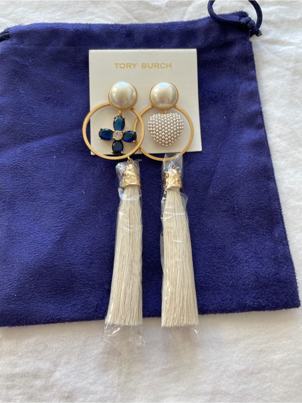 Tory Burch Pearl, Navy & Ivory Tassel Drop Earrings